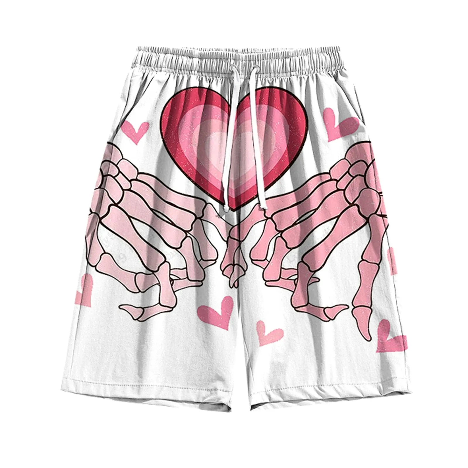 Men's Summer Love Heart And Skeleton Hand Element Printed Loose Shorts Drawstring Quick Drying Casual Shorts Halloween Shorts