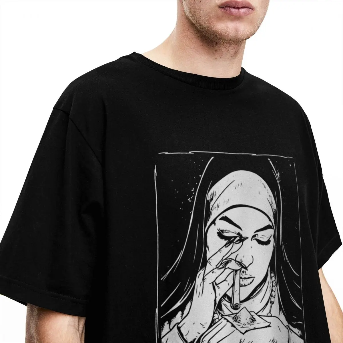 Funny Unholy Drug Nun for Men Women T Shirt Parody Merch Vintage Tees Short Sleeve O Neck T-Shirt Cotton Birthday Gift Clothes