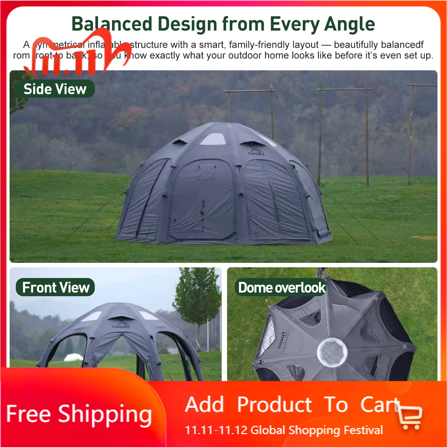 Gray Coody Dome Air Tent Stylish Spacious Inflatable Geodesic Shelter For Outdoor Family Glamping Trips