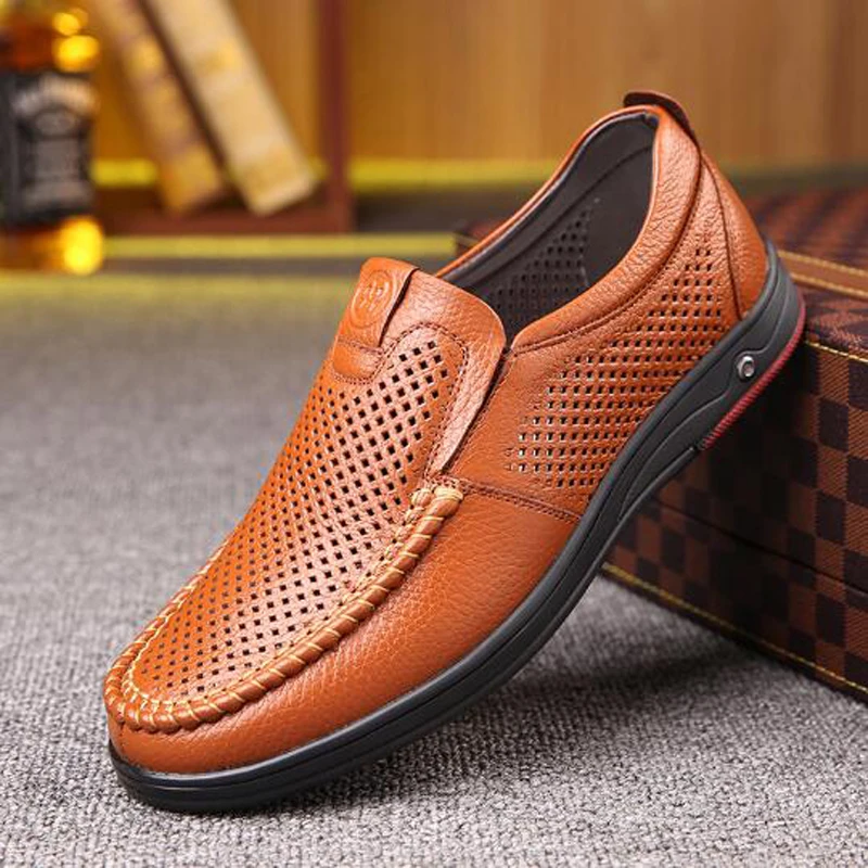 Newly Men\'s Genuine Leather Shoes Size 38-48 Head Leather Soft Anti-slip Driving Shoes Man Spring summer Leather Shoes H499