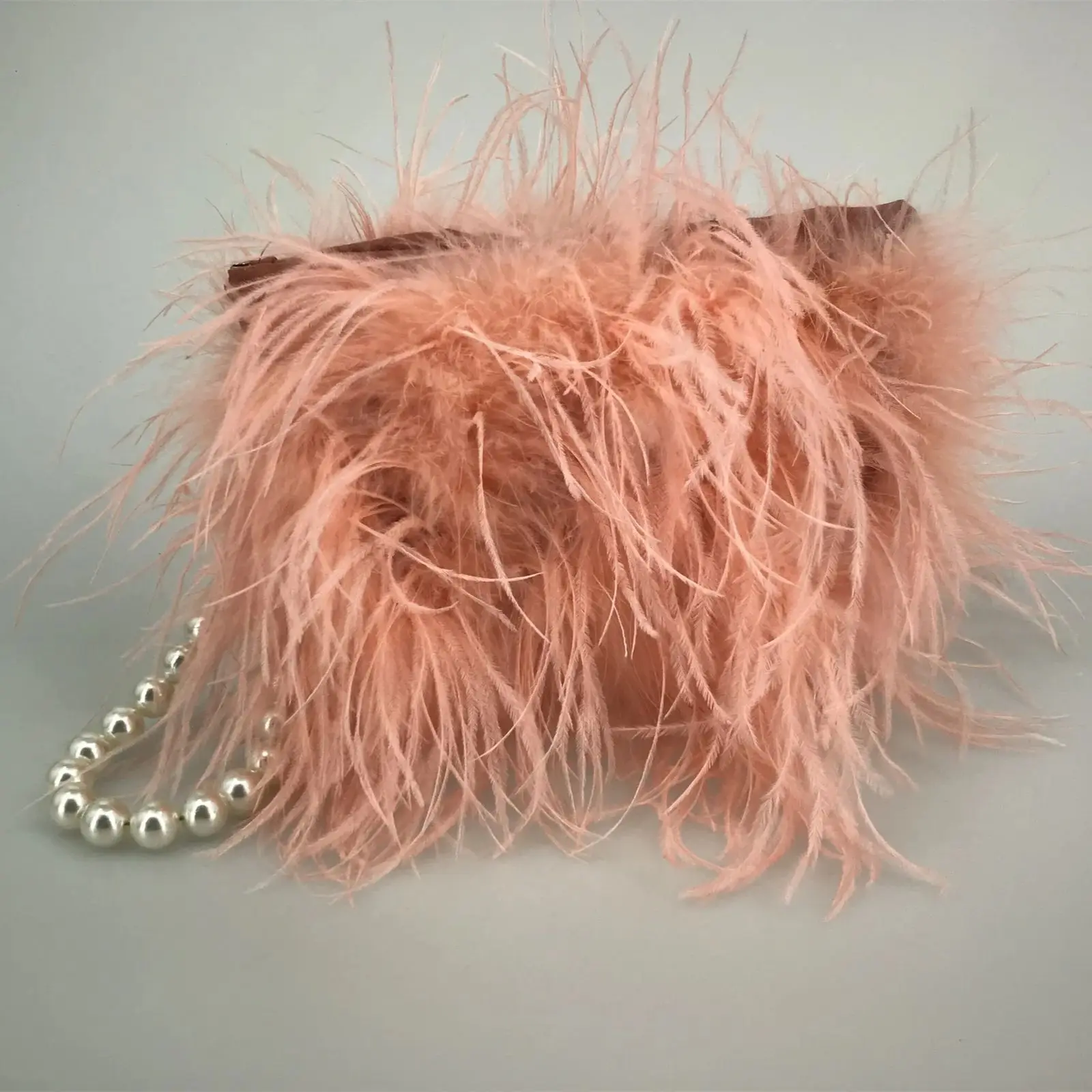 Ostrich Feather Handbag for Women, Mini Purse, Clutch with Pearl Chain, Luxury Party, 2024 Peach Fuzz