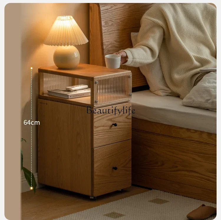 Solid wood bedside table Oak bedroom ultra-narrow crevice cabinet Simple log with drawers