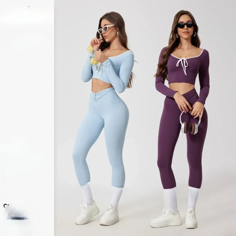 

Seamless Yoga Sets Sports Fitness High Waist Hip Raise Pants Long-Sleeved Suit Running Workout Gym Leggings Set for Women