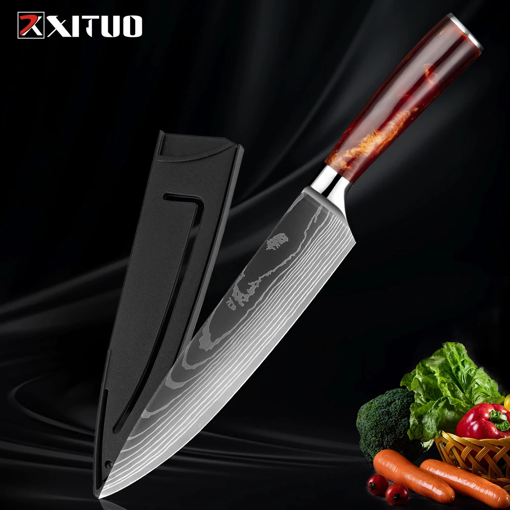 

XITUO 8 inch chef knife Ergonomics Red resin handle Sharp Kitchen knives High-carbon steel Vegetable cut meat Knife With sheath