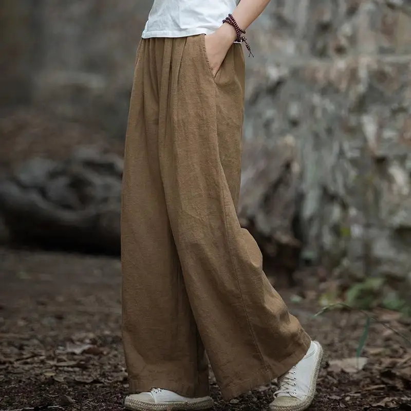 

Spring Summer New Arts Style Women Elastic Waist Loose Casual Length Pants Vintage Cotton Linen Wide Leg Pants High Quality B181