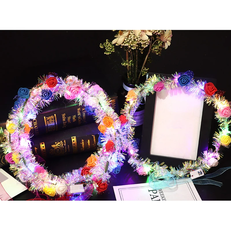 LED Flower Crown Fairy 14-LED Light Up Hair Wreath Party Floral Headpiece Hair Band Birthday Wedding Luminous Headband