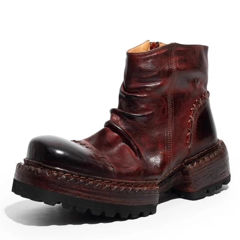 Italian Original Retro Horse Hip Leather High-top Boots Shoes Men's Hand-sewn Genuine Leather Square Head Shoes England Women's