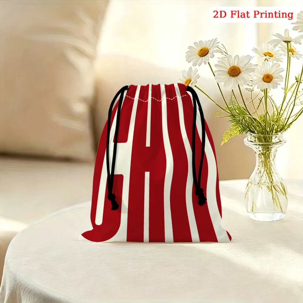1pc Fashion Drawstring Bag Red And White Vertical Stripes Storage Small Pouch For Glasses Cosmetics Travel Organizer Portable