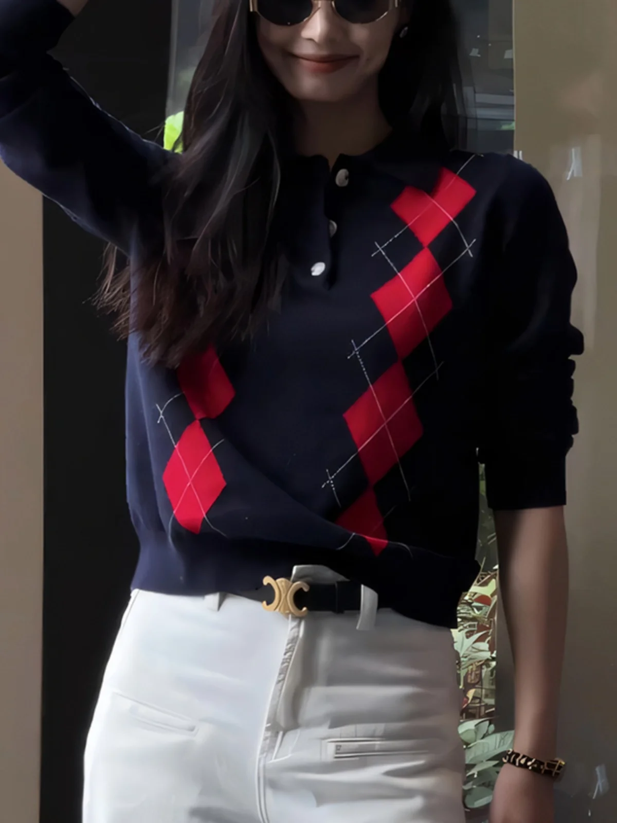 

Вязаный свитер Ne Long Sve в американском стиле ретро с ромбовидным узором для поездок на работу, шерстяной женский модный свитер