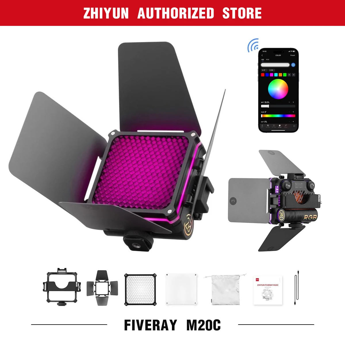 ZHIYUN FIVERAY M20C M20 Combo RGB Video Light, 20W Portable Camera Light 2500K-10000K, Support Magnetic Attraction and App