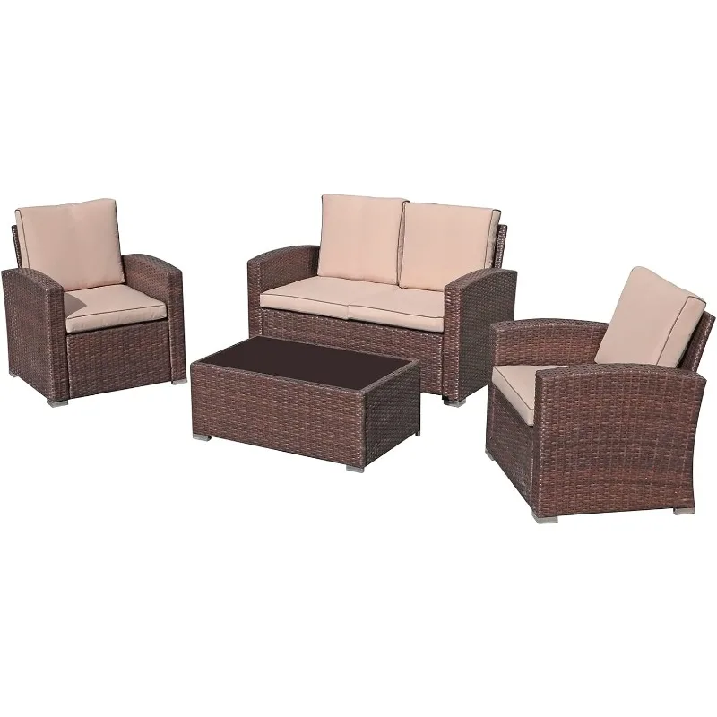 JOIVI Patio Furniture Set, 4 Piece Outdoor Patio Conversation Set, All-Weaher PE Rattan Wicker Sectional Patio Sofa Set