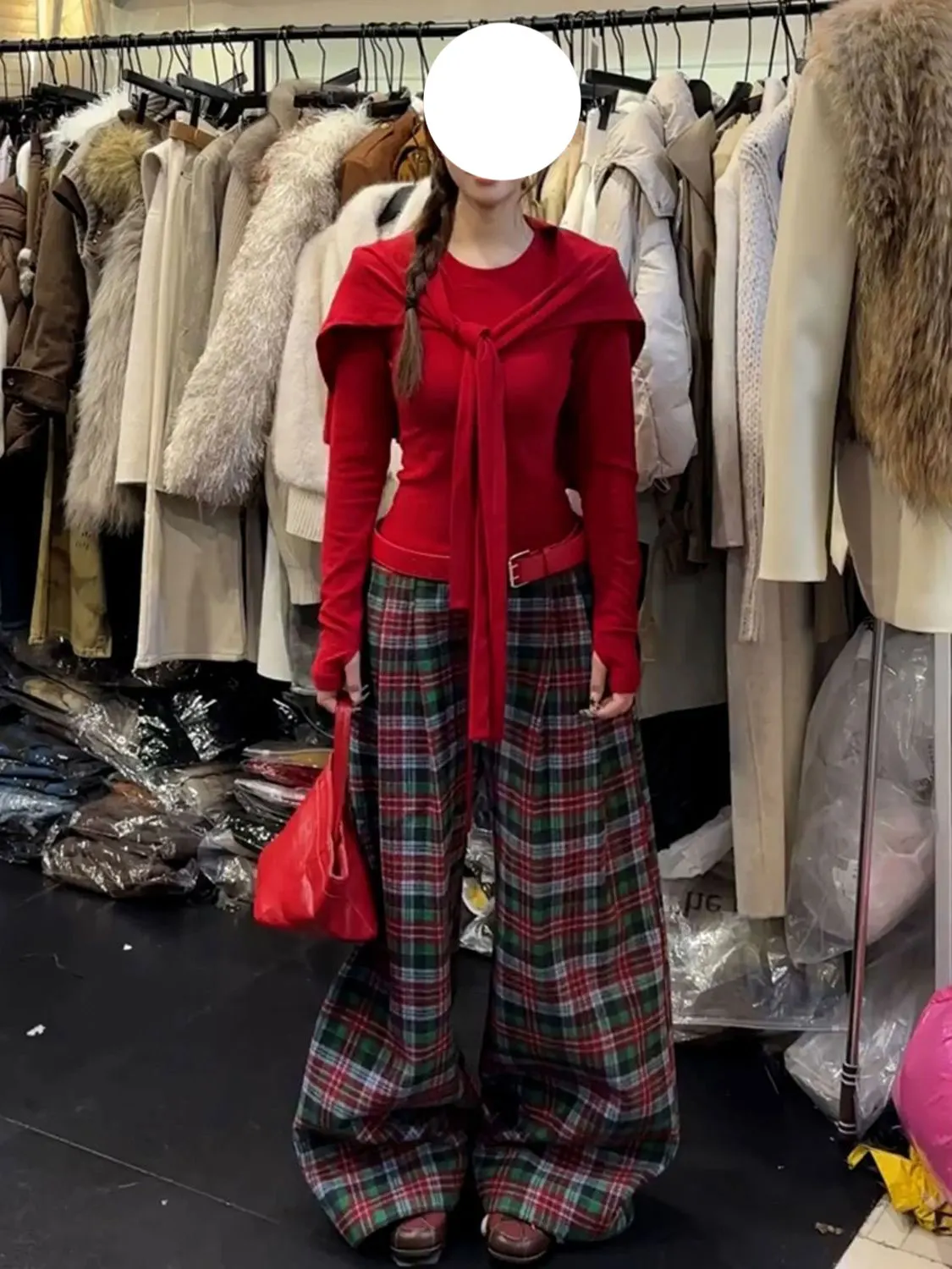 

Unique Sli Women's Autumn Winter Red Long Sve round Ne Top Set Casual Pants Scarf Tee Piece Trendy Faion Ensemble