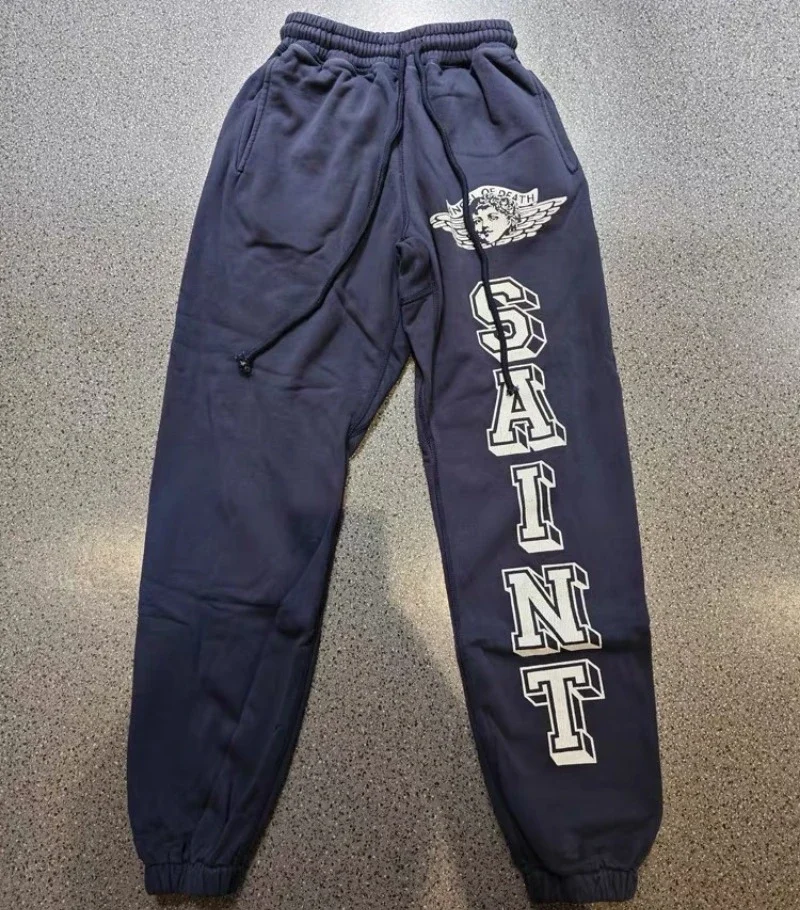 2024ss Saint Michael Angel Letter Print Sweatpants Men Women 1:1 Best Quality Oversized Drawstring Washed Pants