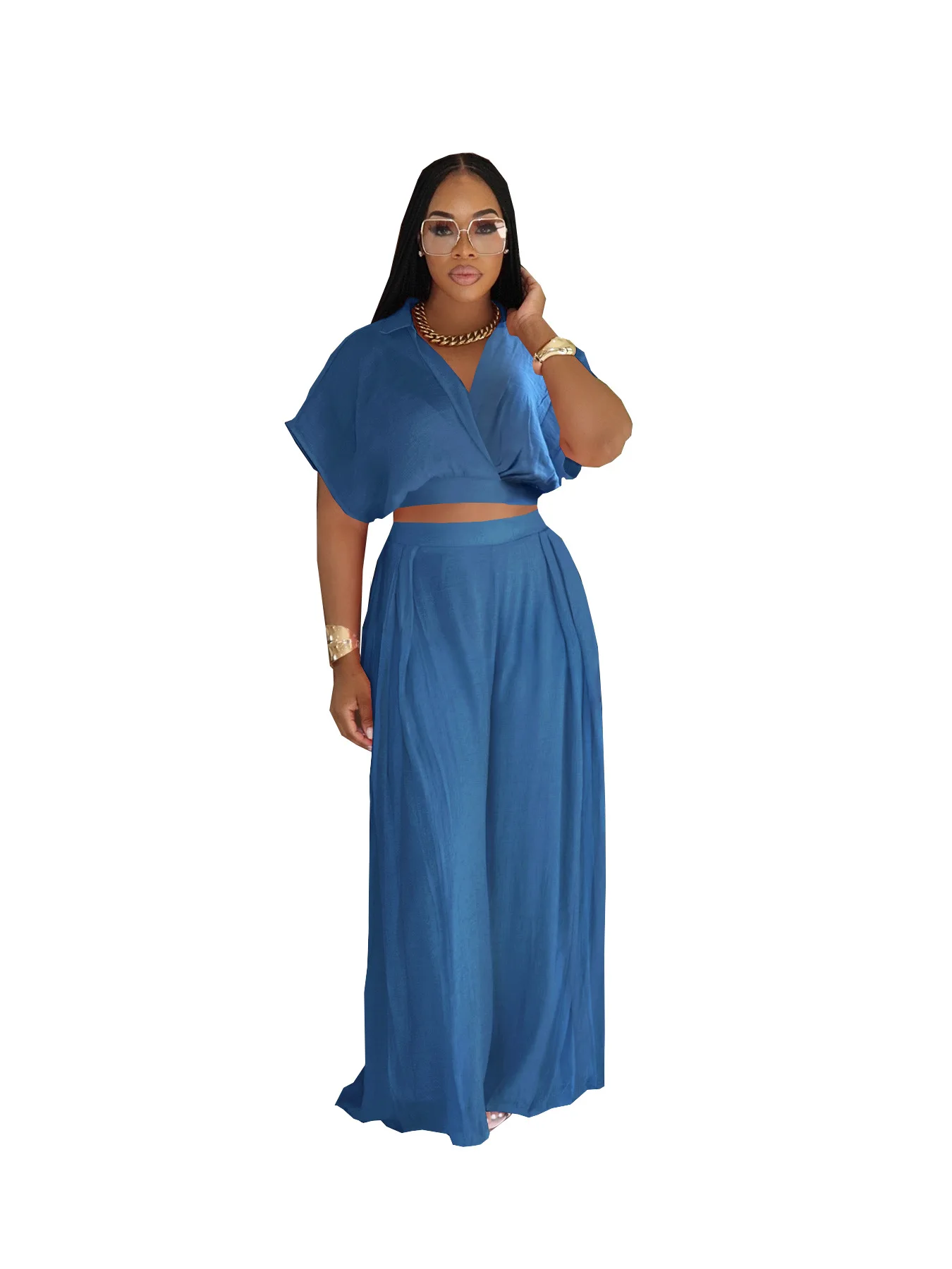 

European and American Leisure Resort Style Summer Notch Lapel Short Sleeve Top High Waist Wide Leg Pants Set