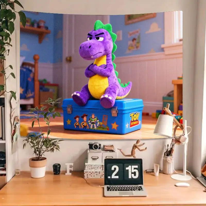 1 Buah Tapestry Boneka Dinosaurus Grumpy Ungu Toy Story, Seni Dinding Kamar Anak Kartun, Dekorasi Asrama, Adegan Film Lucu, Hiasan Dinding Poliester