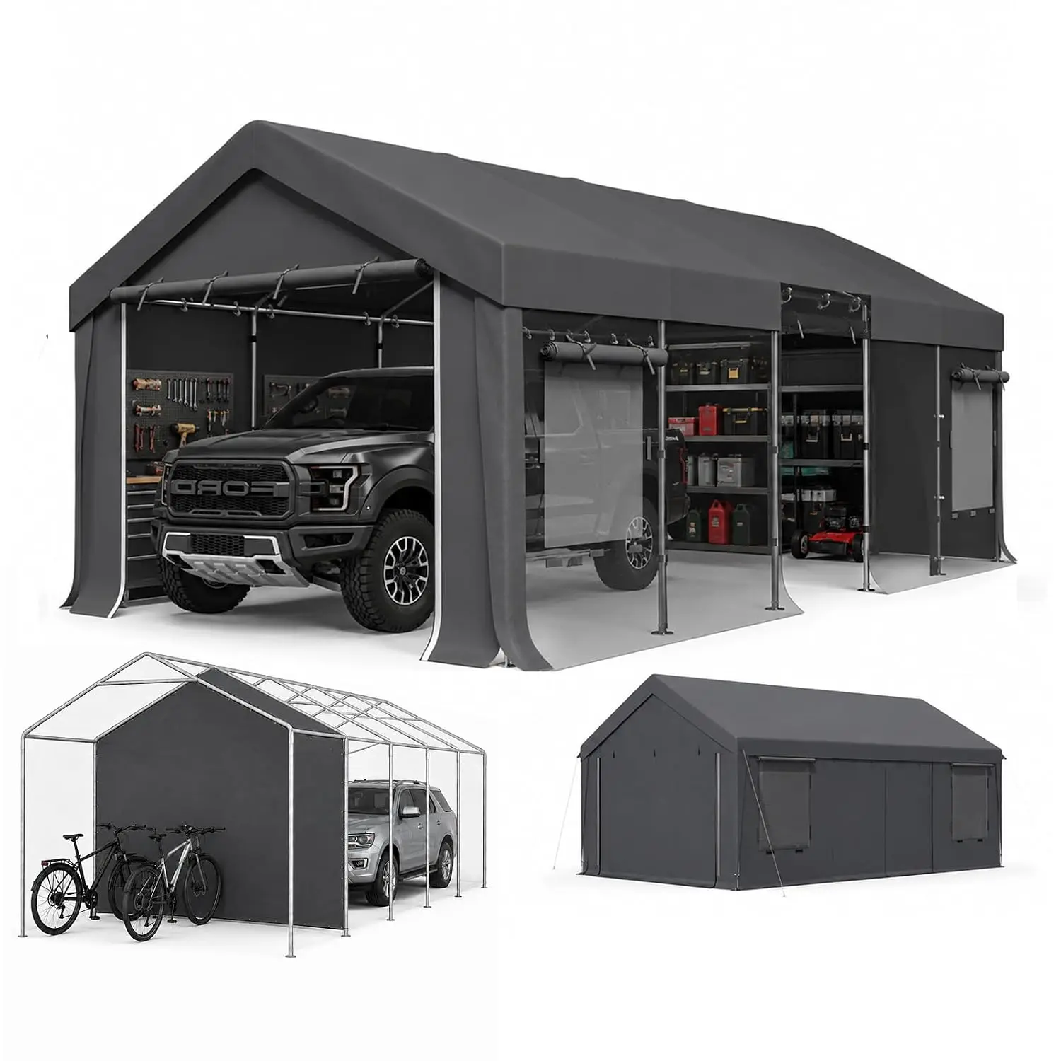 13x24 FT Carport with Removable Divider, 2-Room Heavy Duty Portable Garage, 12-Leg Galvanized Steel Frame, Side, Customized