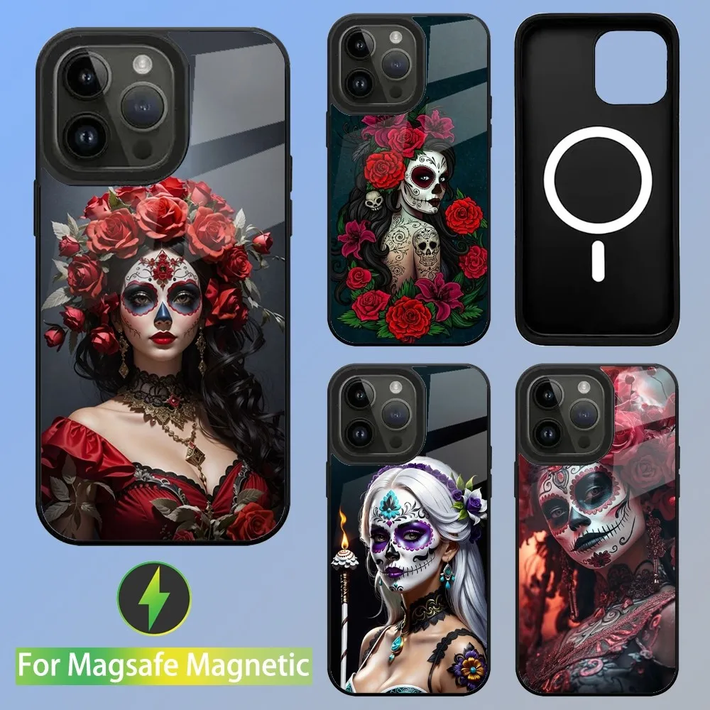 Mexican Catrina Skull Girl Phone Case For iPhone 15,14,13,12,11,Plus,Pro,Max Mini Magsafe Magnetic Wireless Charging