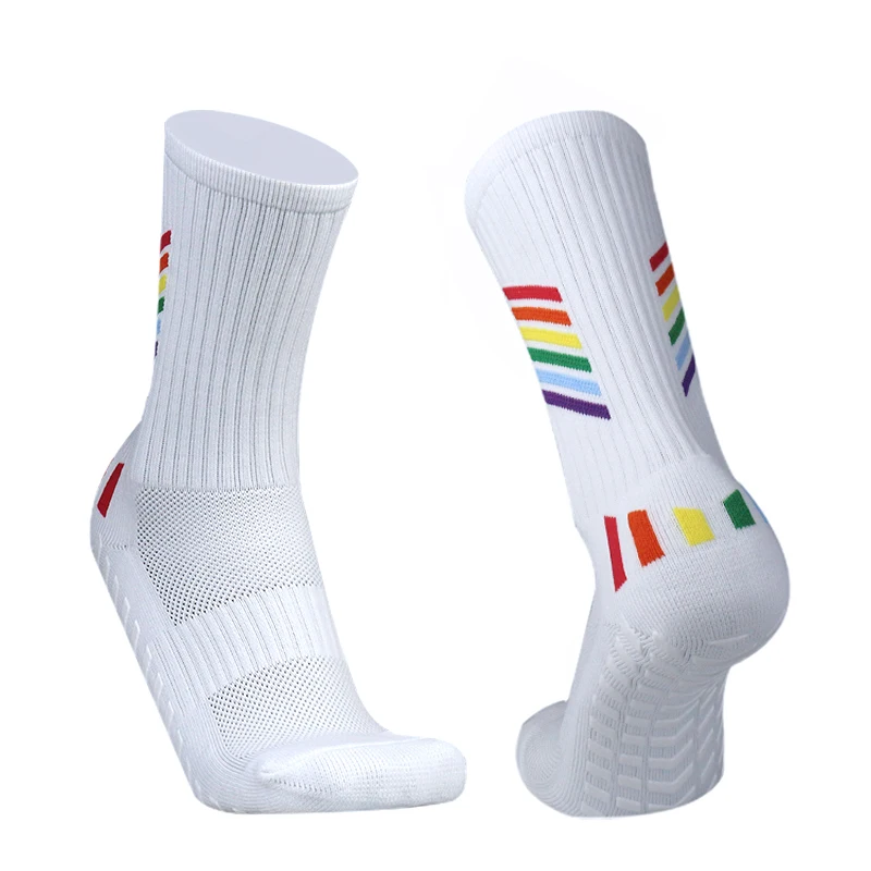 New Men Women Rainbow Line Pattern Football Socks Sports Square Silicone Non slip soccer Socks Calcetines Antiglide futbol