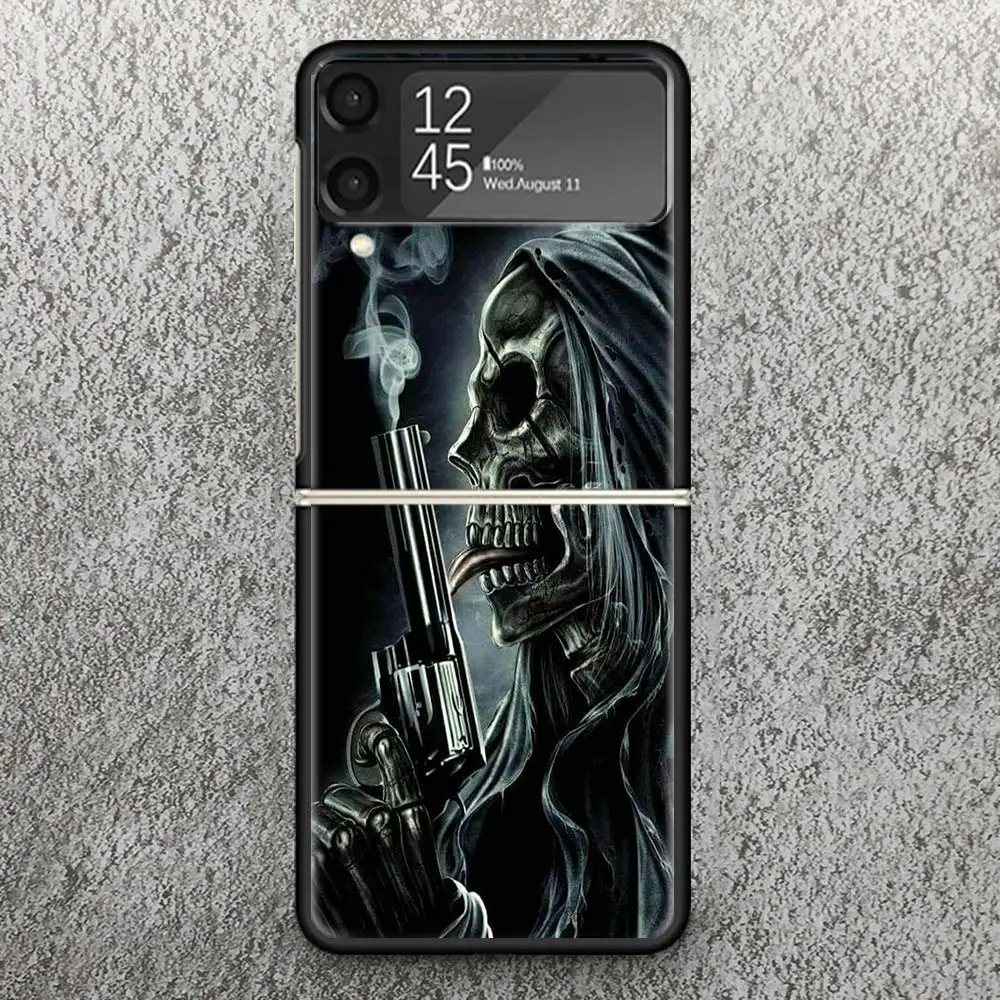 Reaper Skull Skeleton Gun Print Case For Samsung Galaxy Z Flip 3 4 5 5G Black Hard Cell Phone Shell ZFlip3 Flip4 Flip5 Pattern C