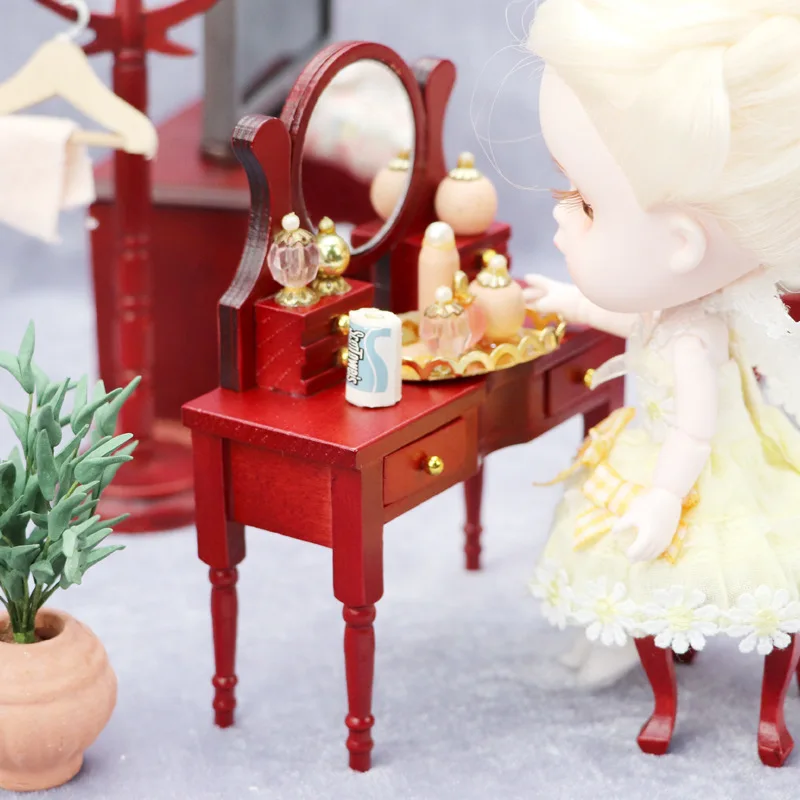 โต๊ะเครื่องแป้งจิ๋วสำหรับบ้านตุ๊กตาขนาด 1:12 - โต๊ะเครื่องแป้งไม้สีแดงสุดหรูพร้อมกระจกและลิ้นชัก |   ของตกแต่งบ้านตุ๊กตา
