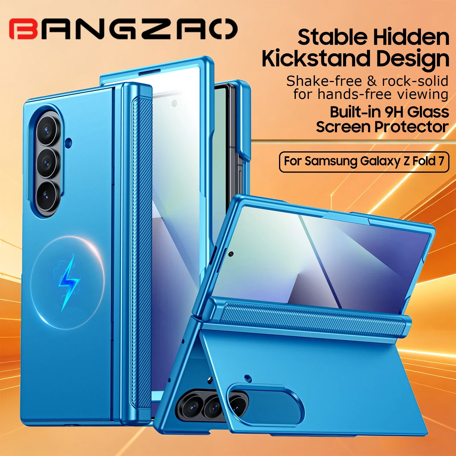 for Samsung Galaxy Z Fold 7 Magnetic Case with Hidden Kickstand,Built-in 9H Glass Screen Protector & Hinge Protection-Light Blue