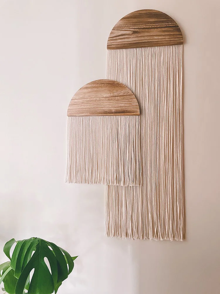 Nordic Modern Bohemian Tassel Wall Hanging Tapestry Handmade Living Room Decor Half Circle Wooden Shape for B&B