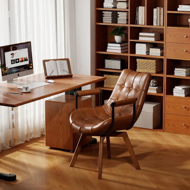 

Vintage Oil-waxed Leather Home Study Desk and Chair, Swivel Comfortable Solid Wood Bedroom Chair with Backrest