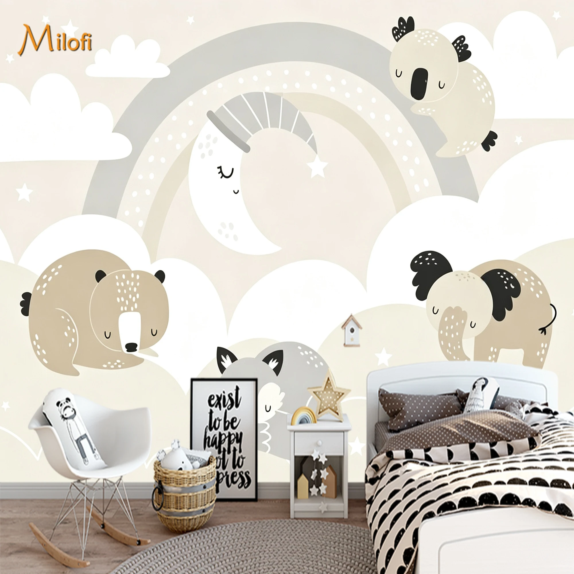 Custom Cute Sleeping Animal Mural Wallpaper Bear Fox Koala Elephant Cloud for Kids Baby Nursery Bedroom Background Wall Decor