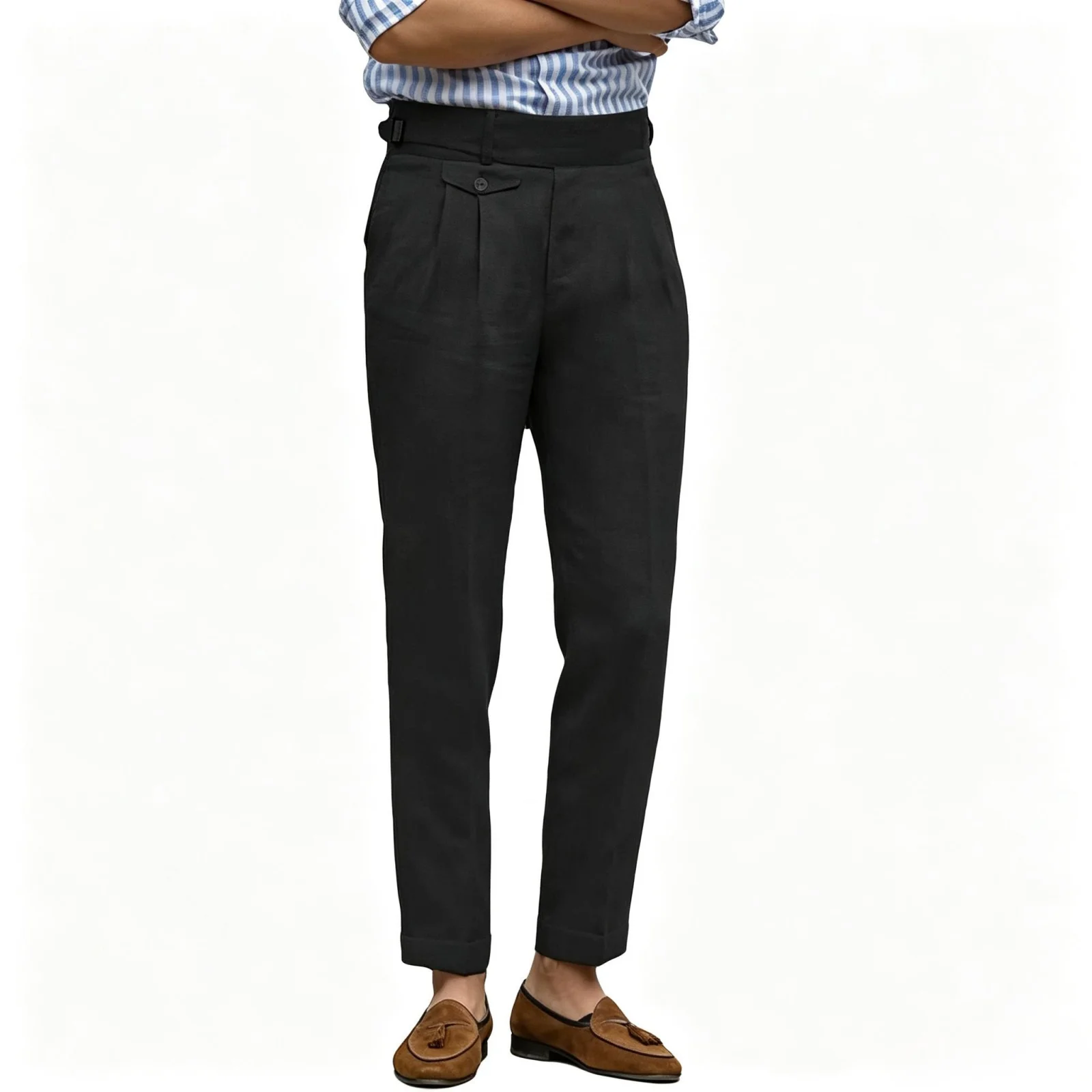 Men Gurkha Cotton Linen Pants High Waist Adjustable Buckle Pleated Ankle Trousers Summer Breathable Casual Pants For Beach