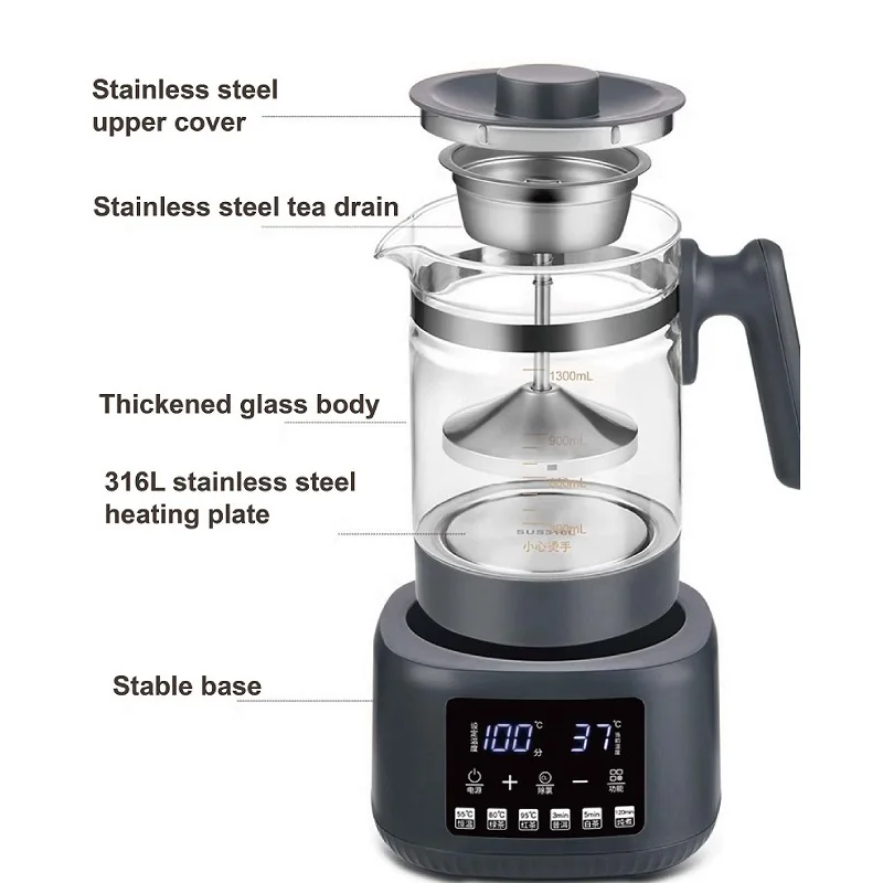 غلاية كهربائية 1.3 لتر مع وعاء صحي ذكي للتحكم في درجة الحرارة إبريق شاي زجاجي على شكل زهرة بخار 600 وات مناسبة للمنزل/المكتب #6