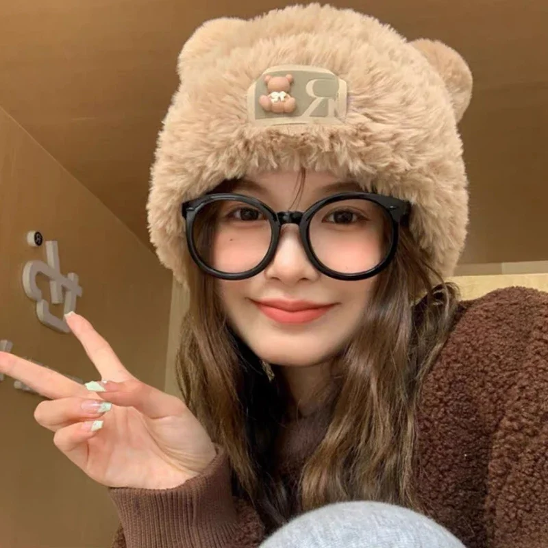 Cute Little Bear Woolen Hat  Winter Thick Plush Warm Fur Hat Autumn and Winter Big Head Circumference Knitted Hat