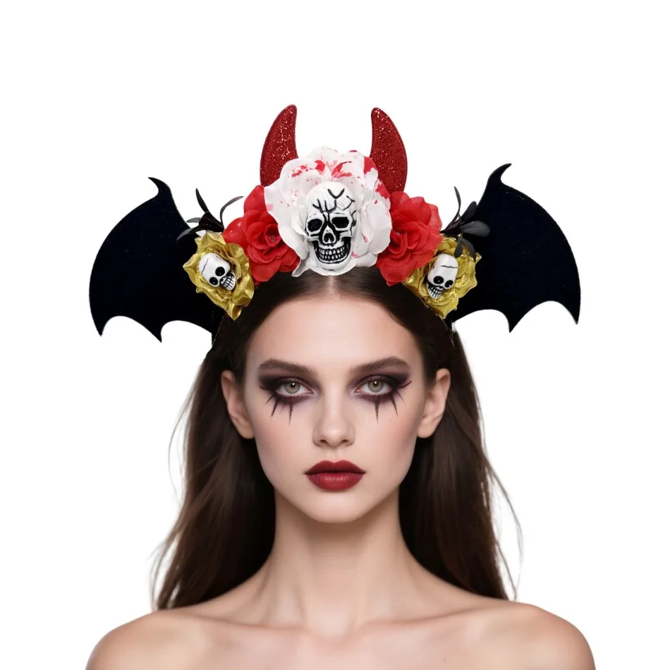 

Wholesale 5pcs Halloween Black Bat Headband Day of The Dead Skull Head Devil Horn Dress Up Head Buckle Party Stage Prop Headgear