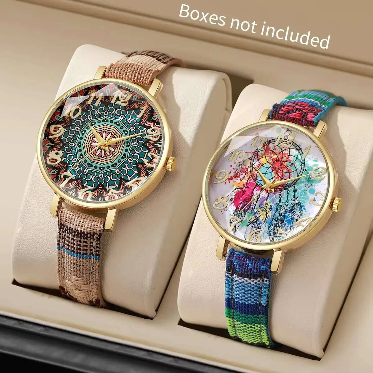 2Pcs Bohemian Ladies Watches Mandala Dreamcatcher Dial Fabric Strap Casual Quartz Watch For Women Gift