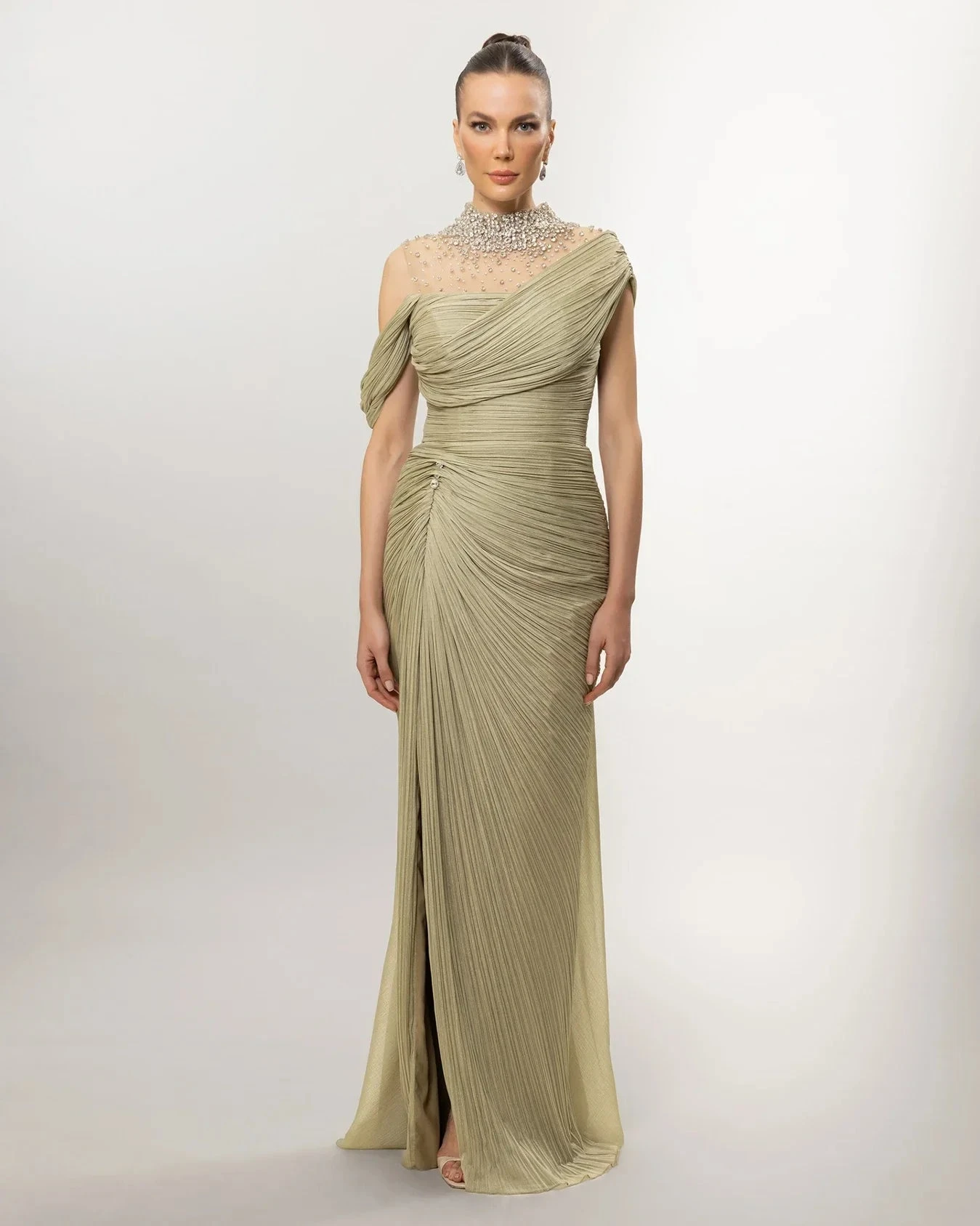 

Customized Sparkle Matching Chiffon Beading Sequined Rhinestone Draped Mermaid High Collar Floor-Length Evening Dresses