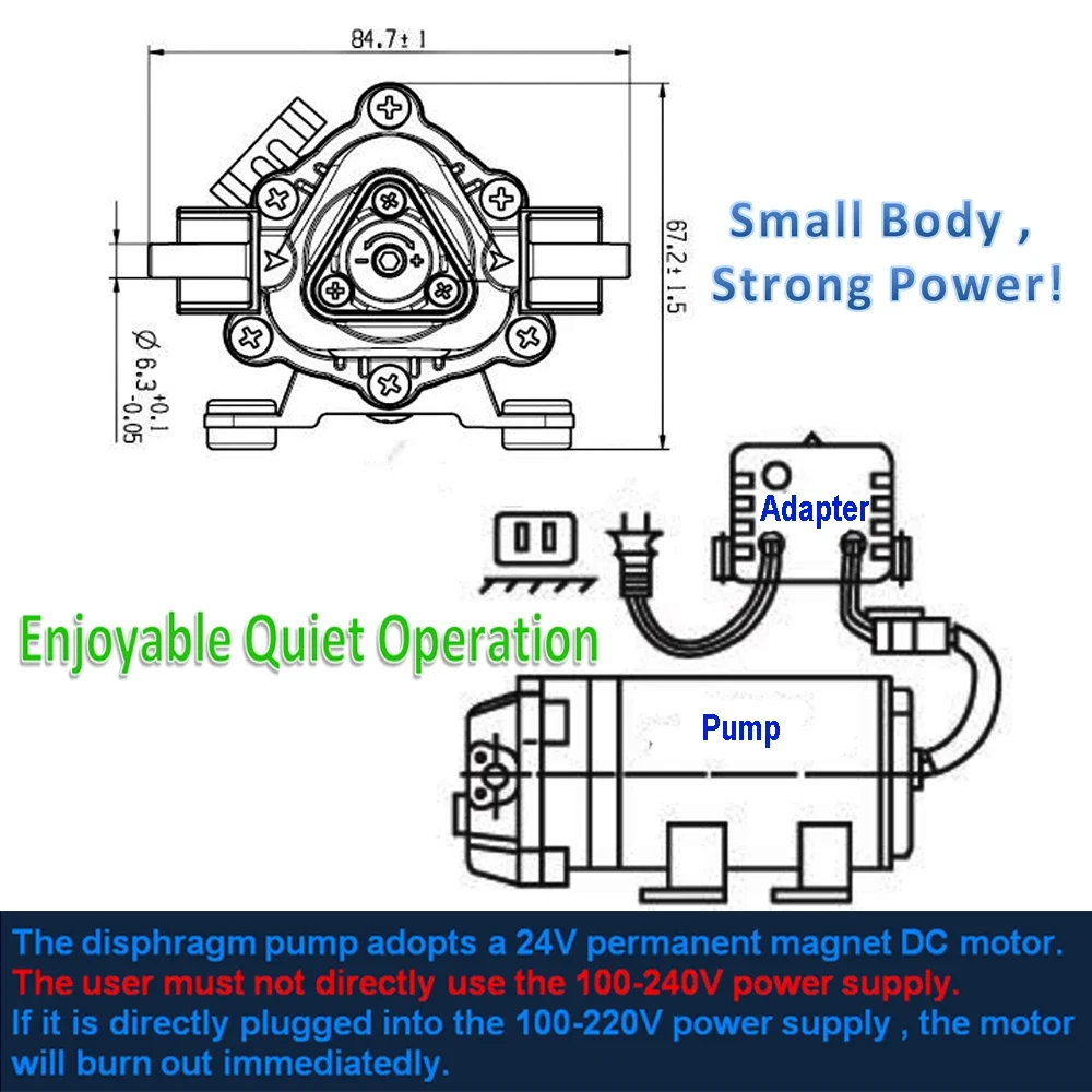 24V DC 75 Gallon Water Booster Silent Pump Increase Reverse Osmosis System Pressure Self Priming Pump and Power Adapter