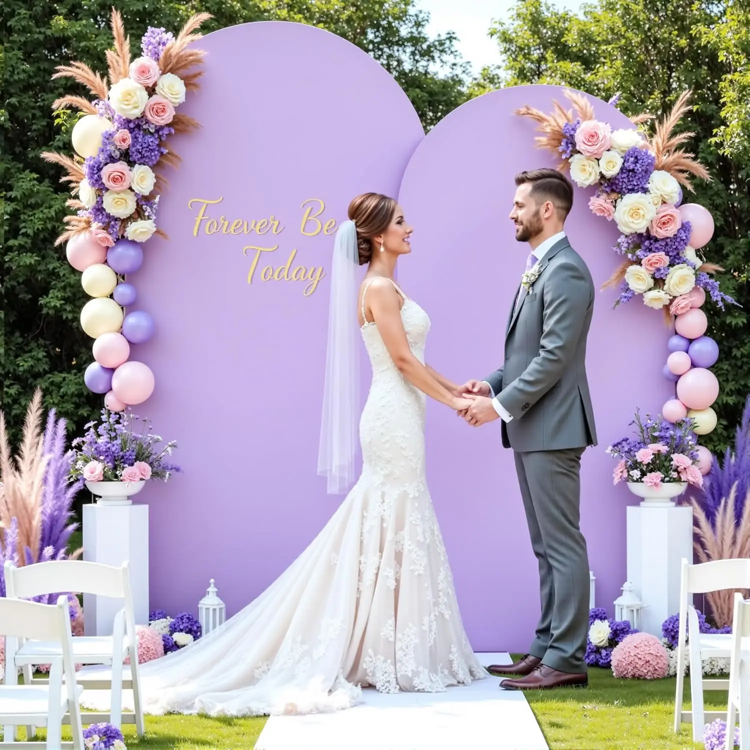 Fondo de fotografía de boda romántica de lavanda, cubierta de arco de Chiara, suministros personalizados de 2 caras, telón de fondo para fiesta de bienvenida de bebé de feliz cumpleaños