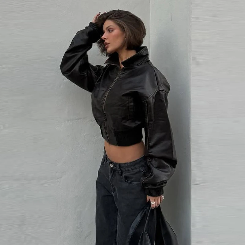 Vintage Women PU Leather Women Jacket Lapel Long Sleeve Fitted Waist Zipper Coat Short Coat 2025 Autumn Lady Streetwears Outwear