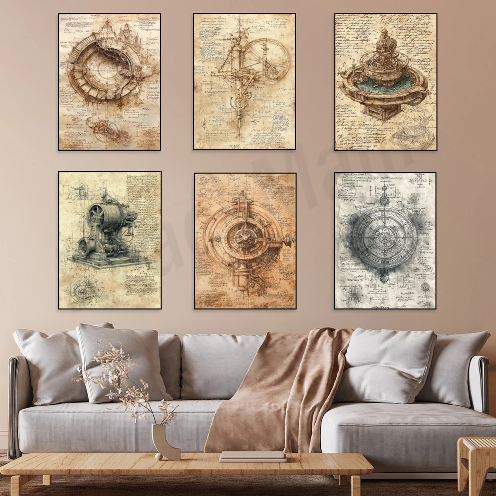Leonardo da Vinci mechanical sketch print, vintage mechanical invention sketch canvas print, dark school wall decor poster
