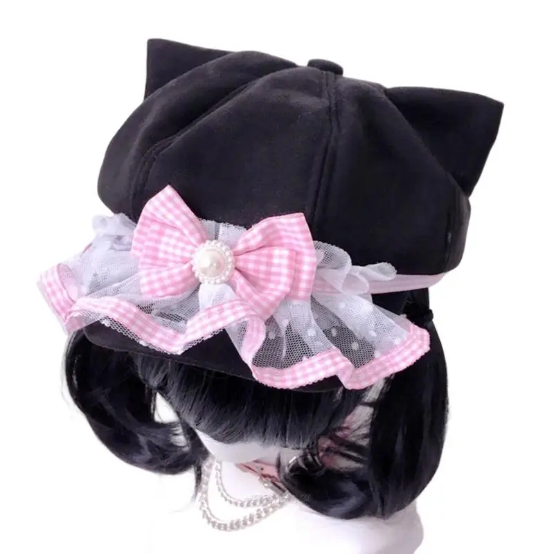 X5XA Bowknot Painter Hat Cabbie Hat Kitten Ear Subcultural Headwear