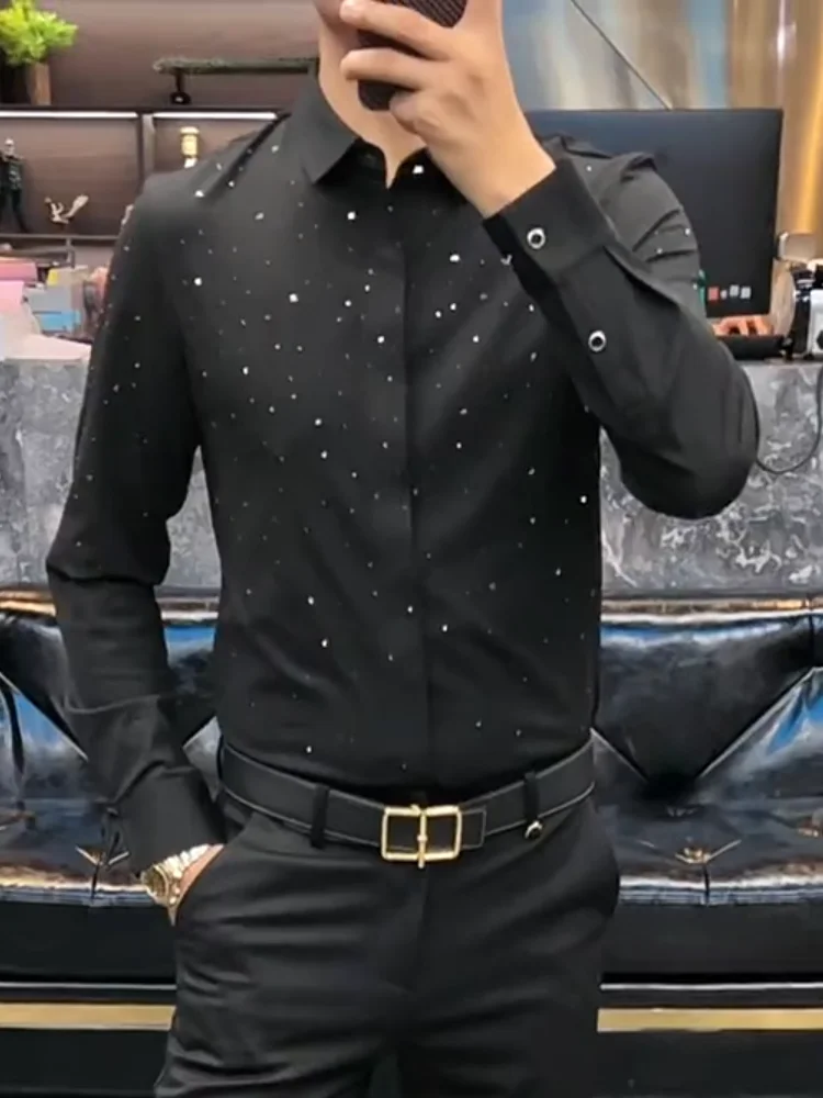 

Spring Autumn New Sle Men's Slim Fit Long Sve Busin irt Luxury Rhinestone Casual Faion Urban Youth Clothing
