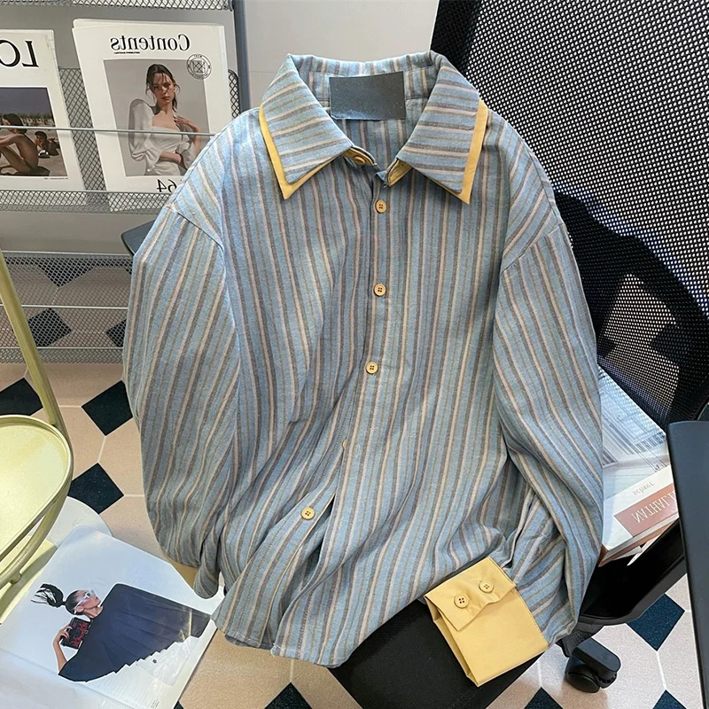 

American Striped Vintage Shirt Women Fall Long Sleeve Oversize Bf Blouse Casual Retro Turn Down Collar Female Patchwork Tops New