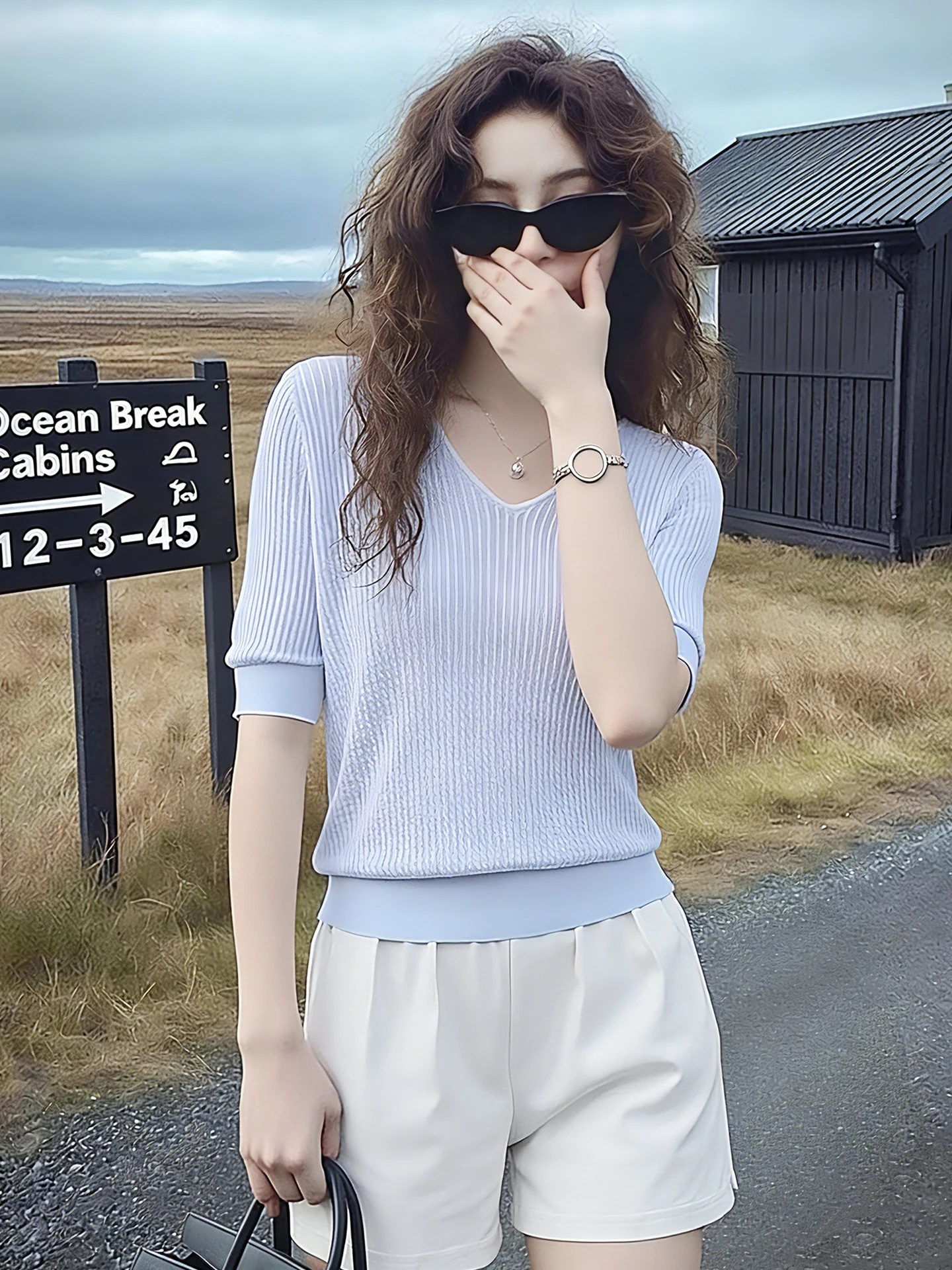V-Neck Short Sleeve Knitted Shirt Slim Fit Fashionable Maturity Style Soft Ladies Top Spring Summer Elegant Casual Shirt