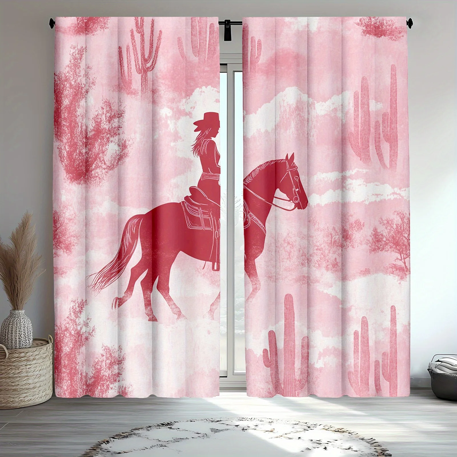 Boho Western Horse Curtain Panel Red Pink Desert Cacti Watercolor Window Curtains for Living Room Bedroom