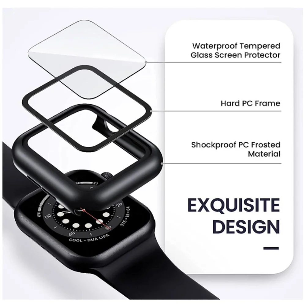 Tempered Glass+Case For Apple Watch 38mm 40mm 41mm 42mm 44mm 45mm 46mm Screen Protector Protective Cover iWatch 10 8 7 9 6 SE 5