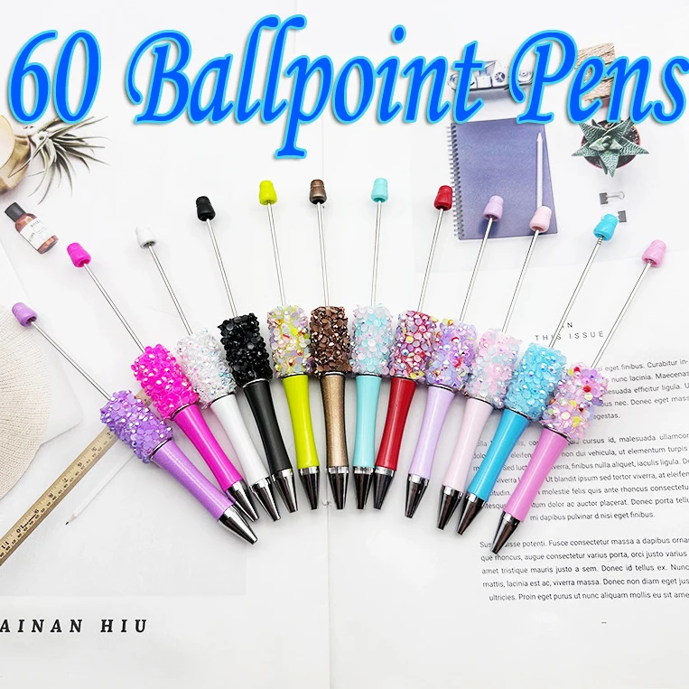 

60Pcs Resin Diamond Sequins Bead Pen Wholesale Creative DIY Handmade Sticker Set Diamond Beaded Ballpoint Pens