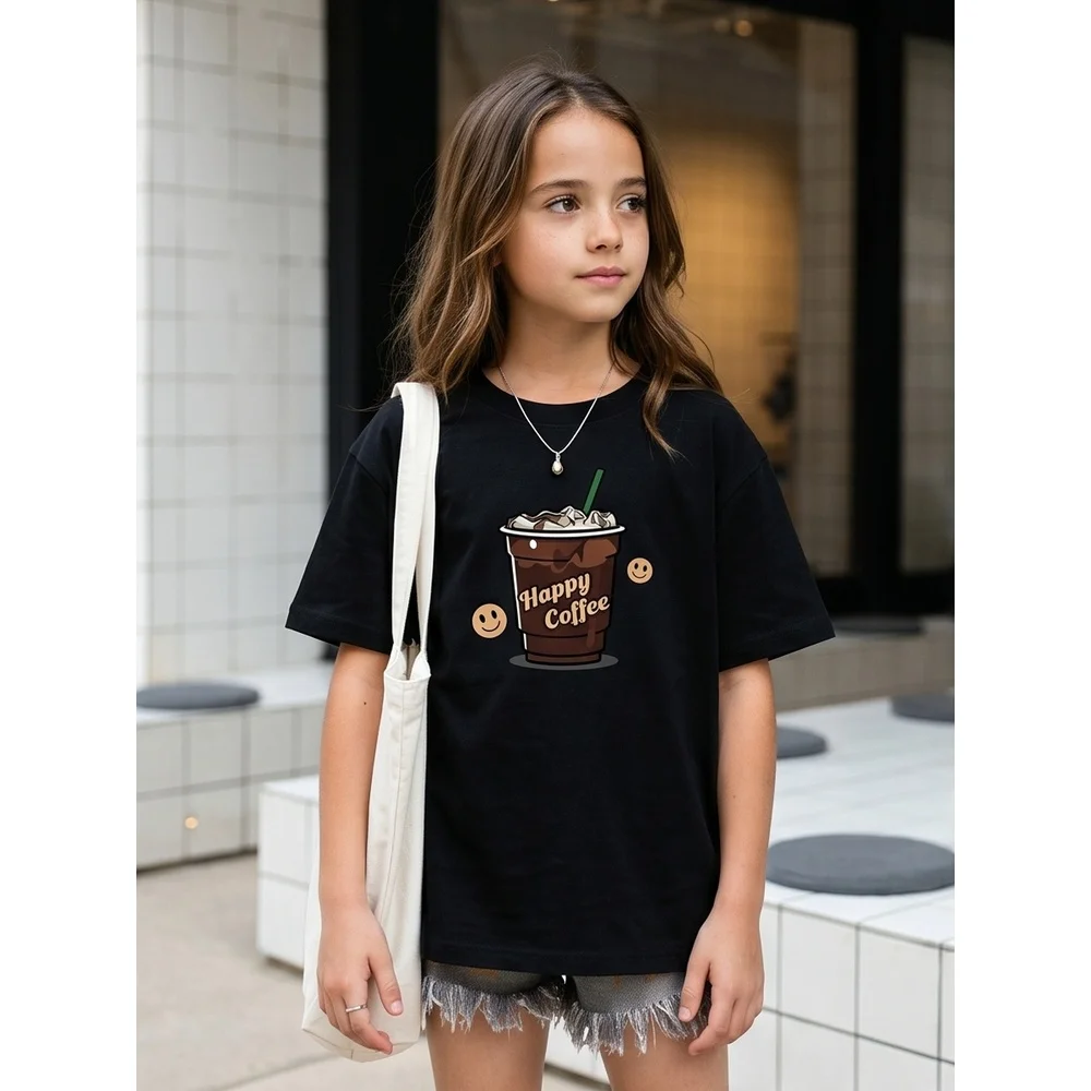 

2026 Summer Trendy Kids Smiley Coffee Print T-shirt Cotton Loose Streetwear Tee for Girls Daily School 3-16Y KXKF1