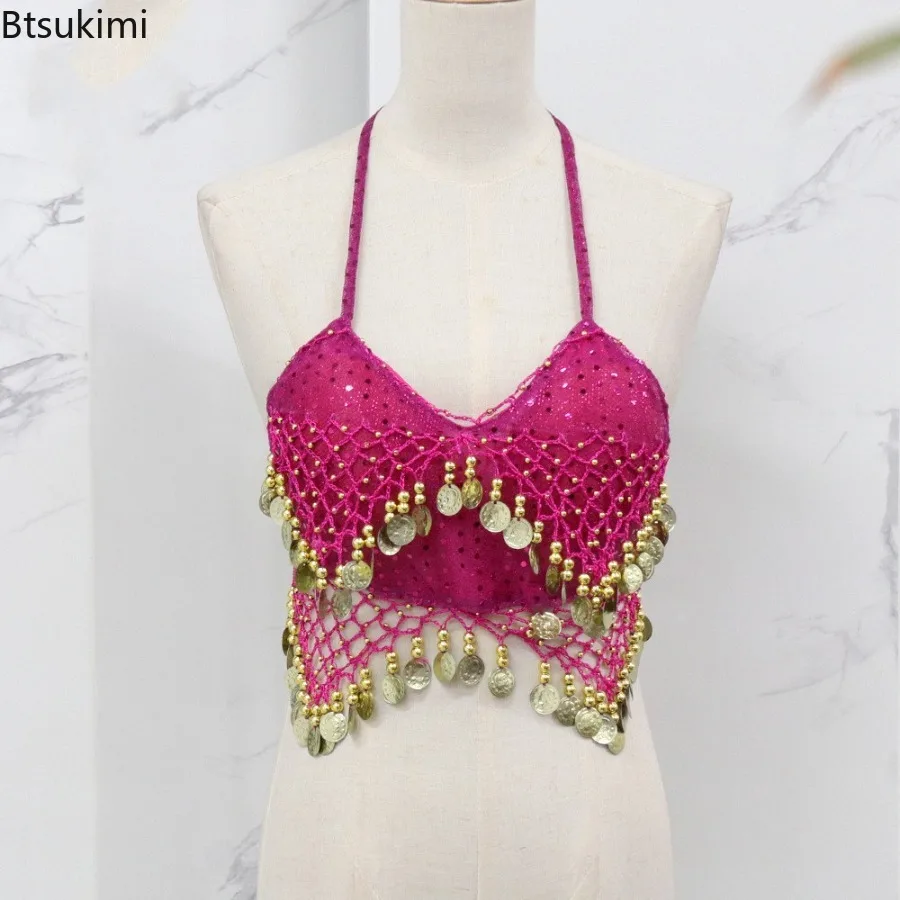 Damski krótki top do tańca brzucha z koralikami, wyraźnymi frędzlami, biustonosz bez pleców, krótki top do tańca sportowego, niezdejmowane wkładki, karnawałowe damskie topy biustonoszowe.
