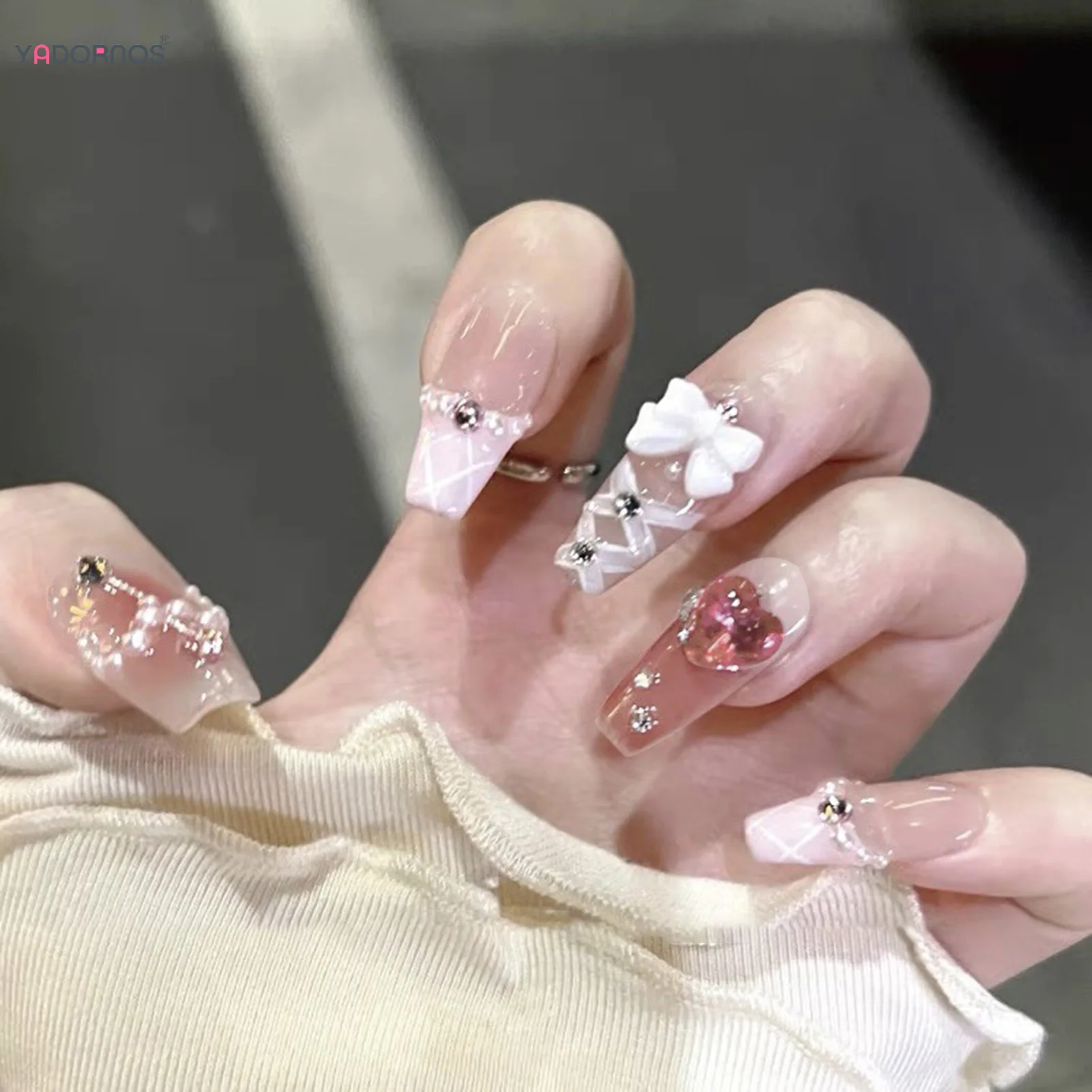 10Pcs Blush Pink False Nails Handmade 3D Bowknot Angel Pearl Ballet Ribbons Press On Nail Medium T Glitter Rhinestone Fake Nail