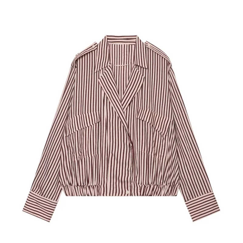 Women's Striped Bomber loose-fitting Jacket Shirt Style Pocket Women's Autumn Jackets with Elastic Hem Chic Female Coats