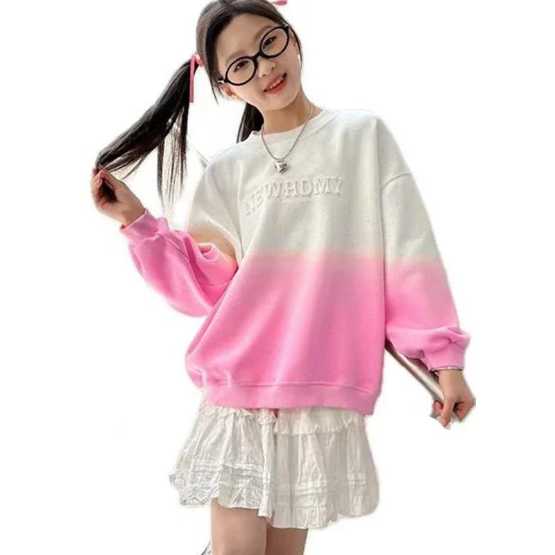 Spring Kids Girls Candy Color Gradient Sweatshirt With Rhinestones Fashion High Street Outfit Child Patchwork Cotton Tee Tops